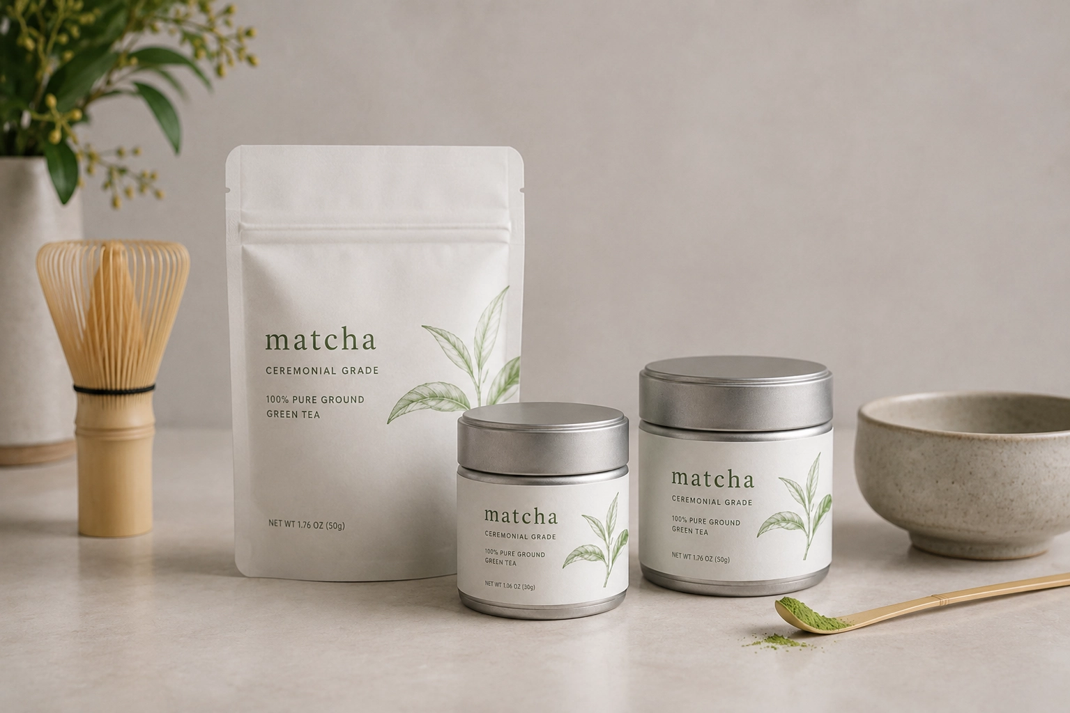 Retail-ready matcha in a pouch and tins with a bamboo whisk